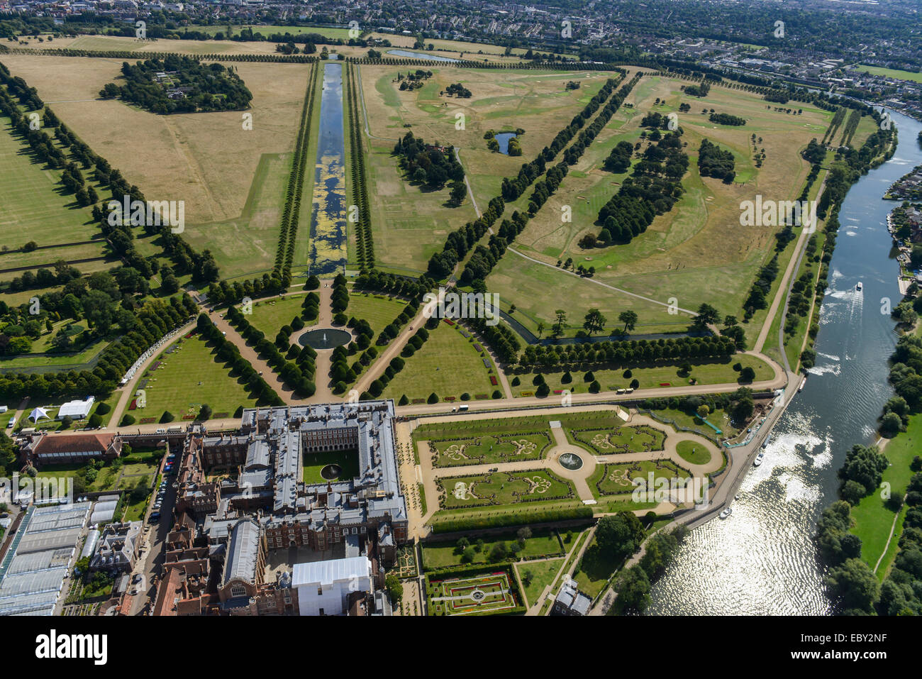 An aerial view of Hampton Court Palace and gardens, Greater London Stock Photo