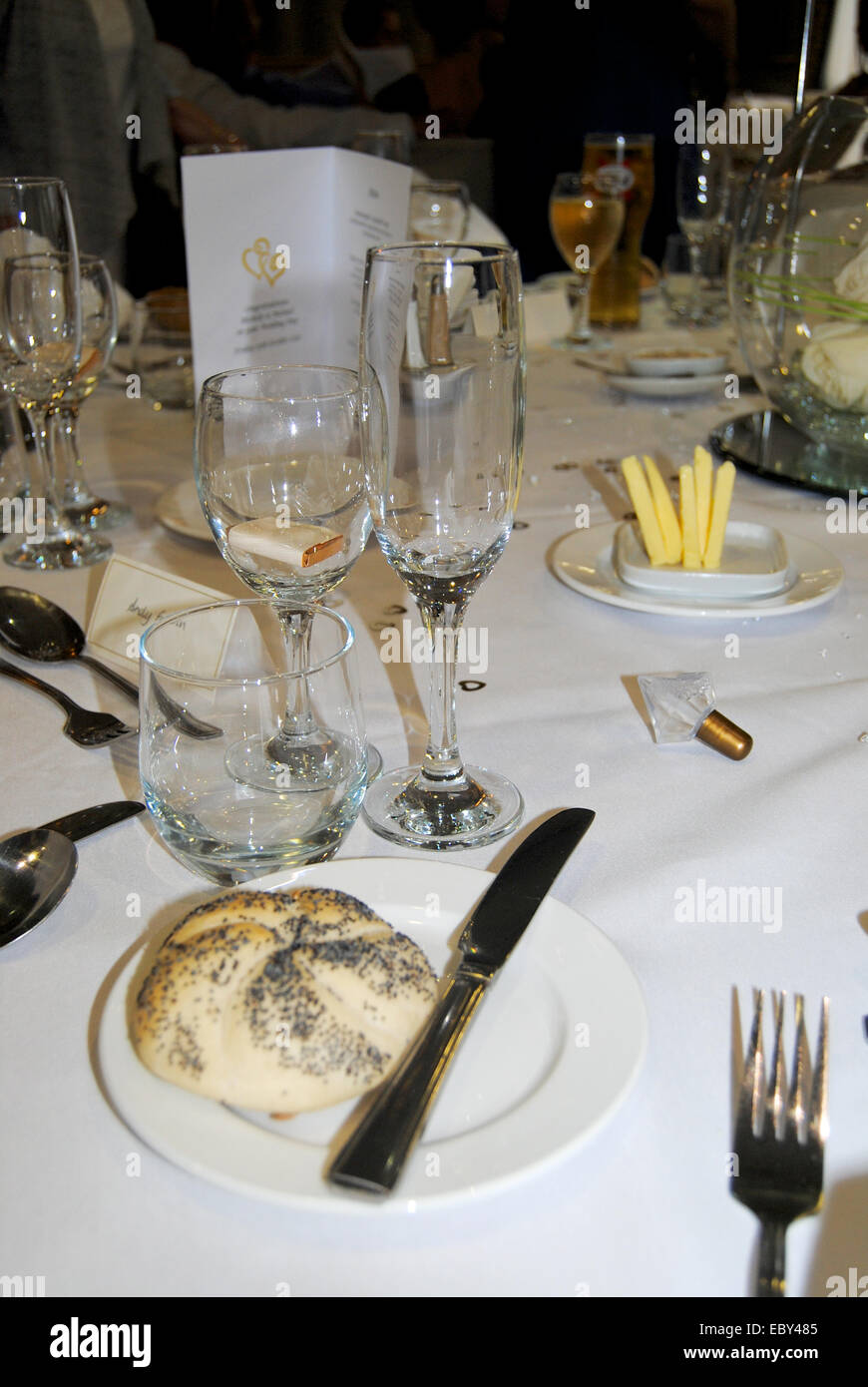 Wedding reception table decorations. Stock Photo