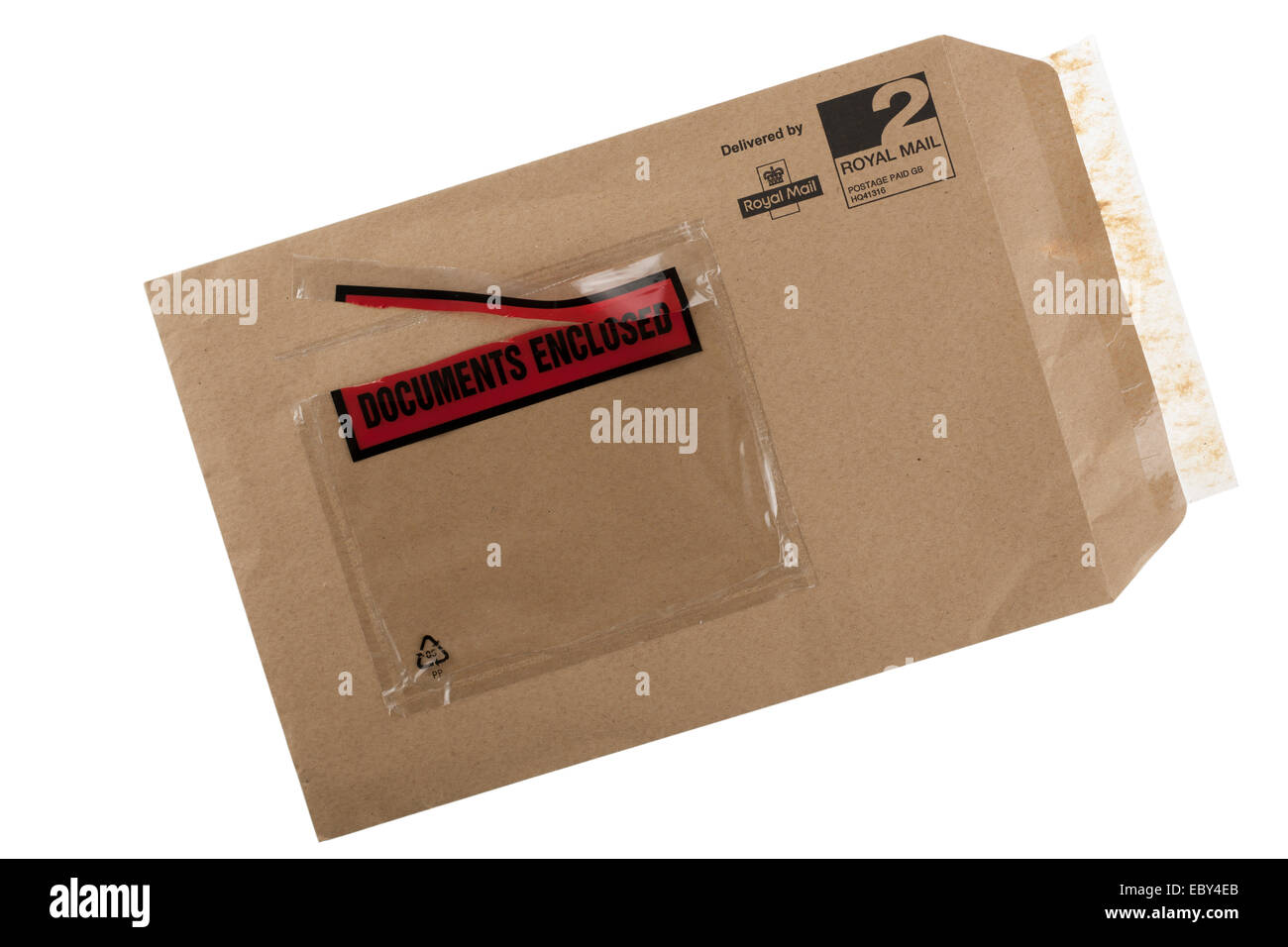 Unsealed opened Royal Mail brown envelope with removed documents enclosed Stock Photo