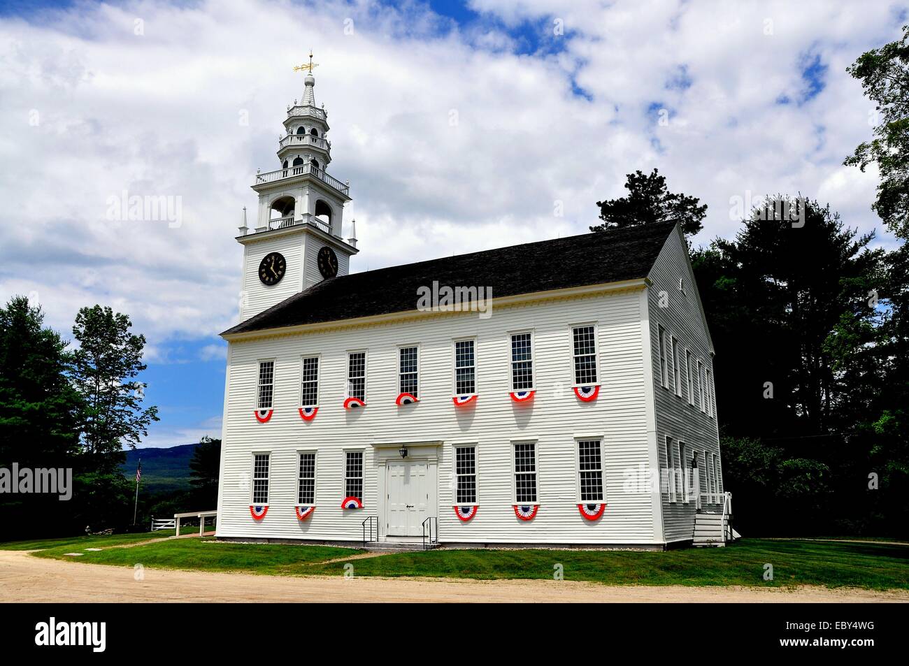 JAFFREY CENTER, NEW HAMPSHIRE: Red, white, and blue bunting hangs from