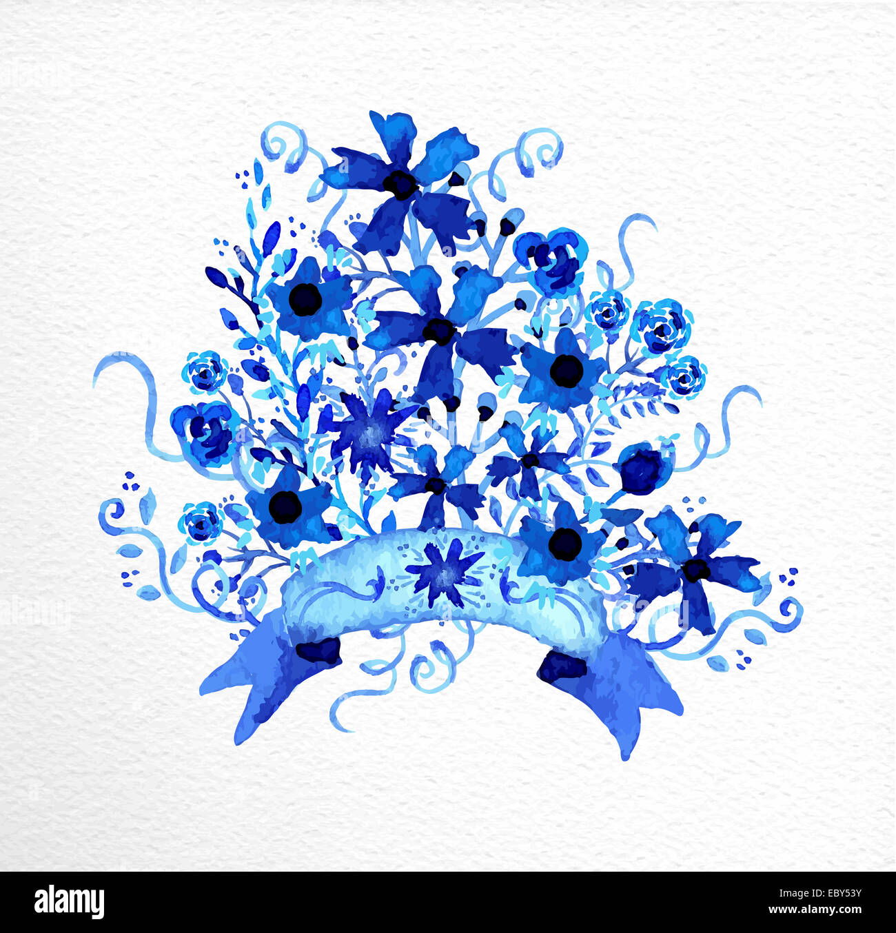Watercolor hand drawn flowers bouquet in blue. Ideal for valentines, wedding, christmas and mothers day greeting card. EPS10 vec Stock Photo