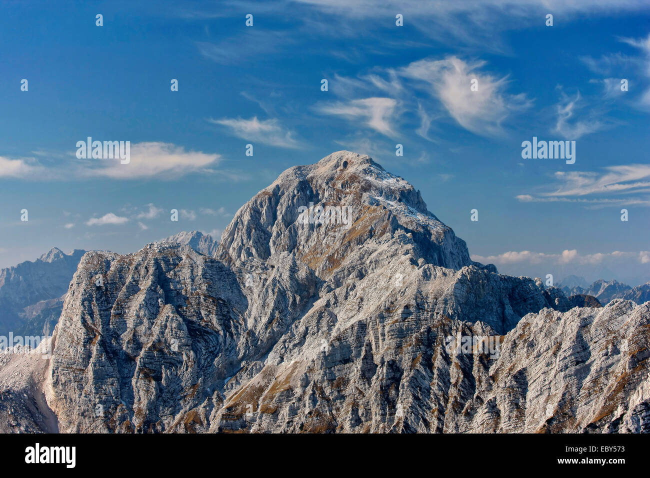 Mountain peak Mangart, Julian Alps in Slovenia. Stock Photo