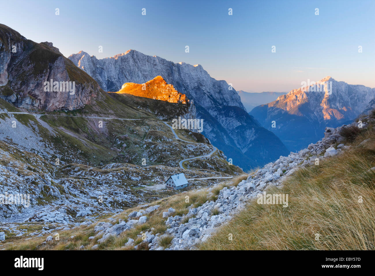 Mountain landscape, alps in Slovenia, Mangart mountainhut Stock Photo