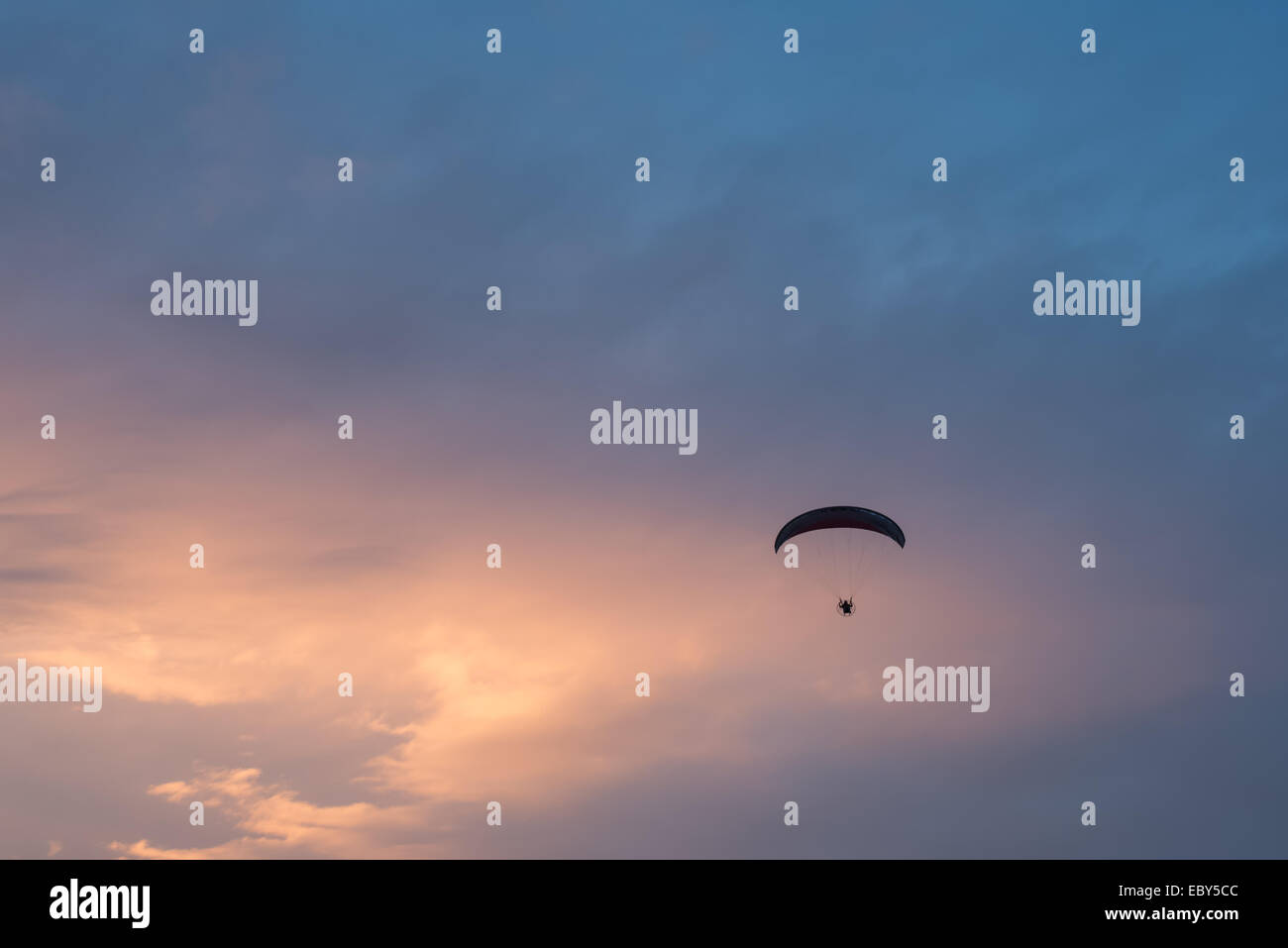 Man flying with parachute during sunset Stock Photo Alamy
