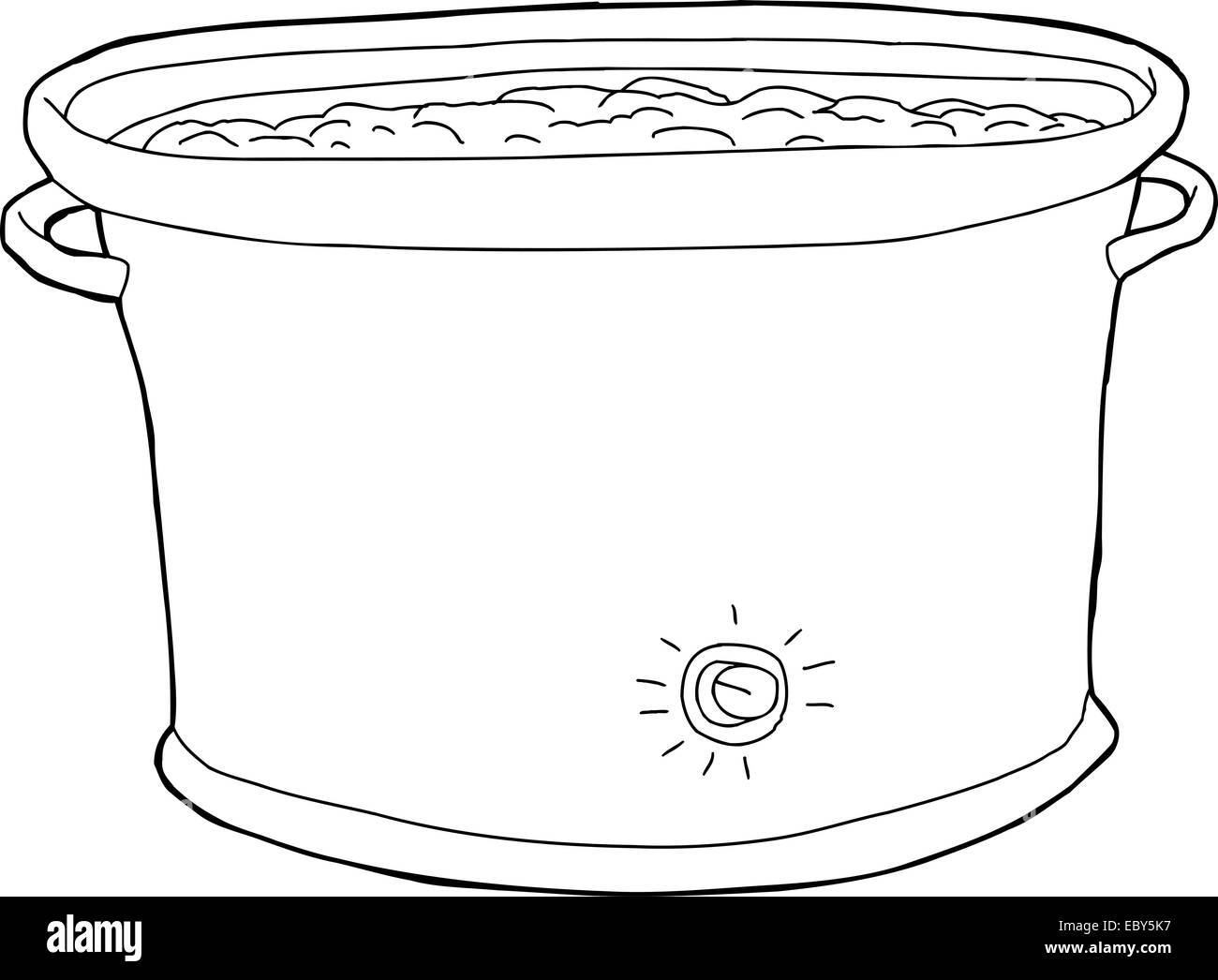 Outline cartoon of crock pot with food inside Stock Photo