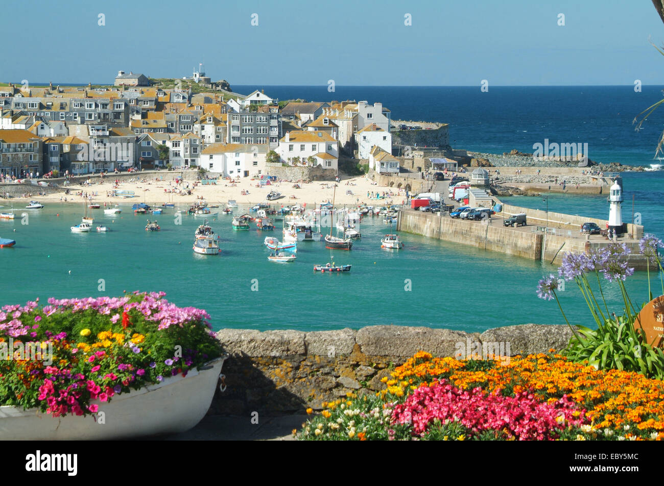 View from Malakoff Gardens of Harbour & town St Ives Penwith West Cornwall South West England UK winner of many Britain in Bloom Stock Photo