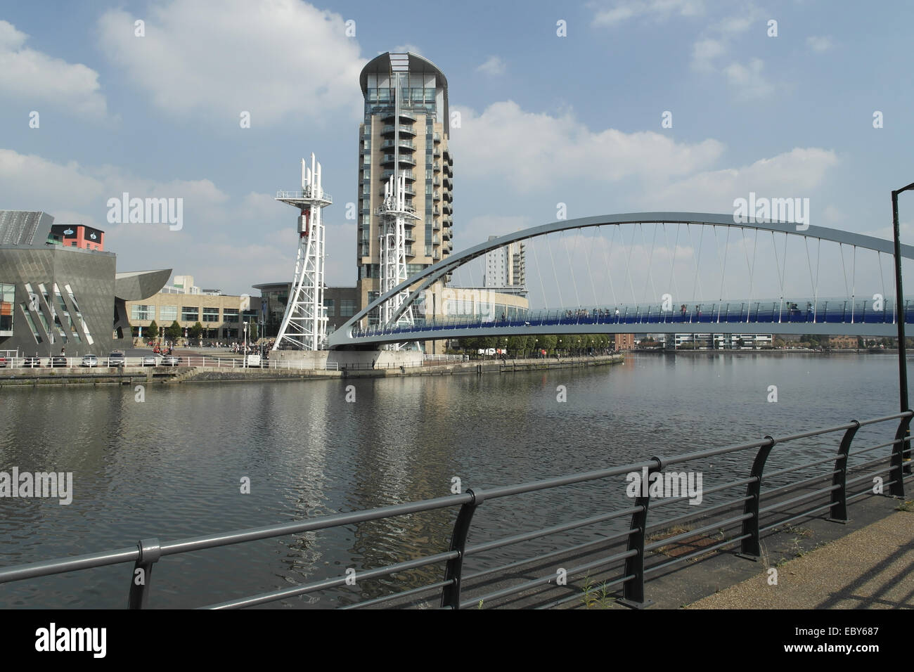 Blue sky view across Manchester Ship Canal to Millennium Bridge, Lowry
