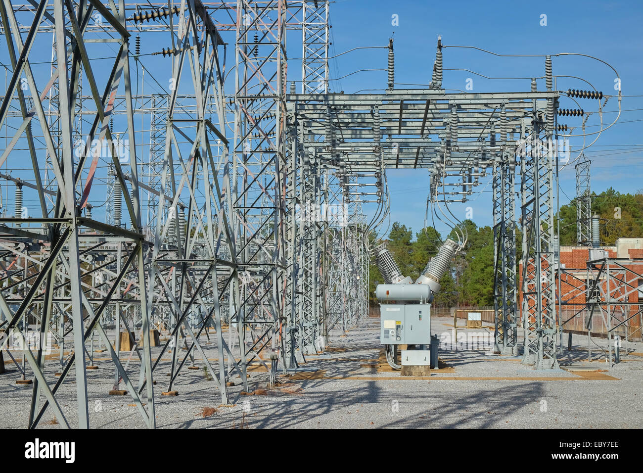 Power transfer station at the Jordan Dam hydro electric power plant, Alabama, USA. Stock Photo