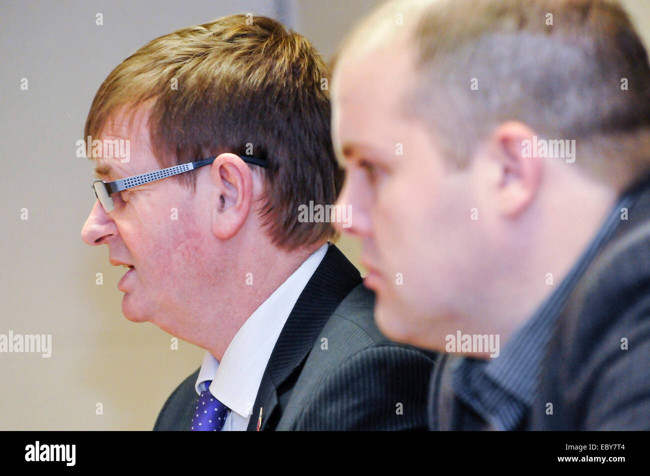 Belfast, Northern Ireland, UK. 5th December, 2014. Rab McKee (foreground) from the Protestant Coalition hosts Northern Ireland victims campaigner Willie Frazer. Credit:  Stephen Barnes/Alamy Live News Stock Photo