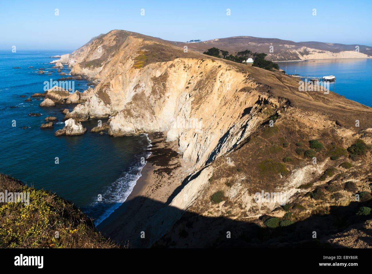 View on Pacific Ocean and Drakes Bay from Chimney Rock hiking trail. Point Reyes National Seashore, California, USA. Stock Photo