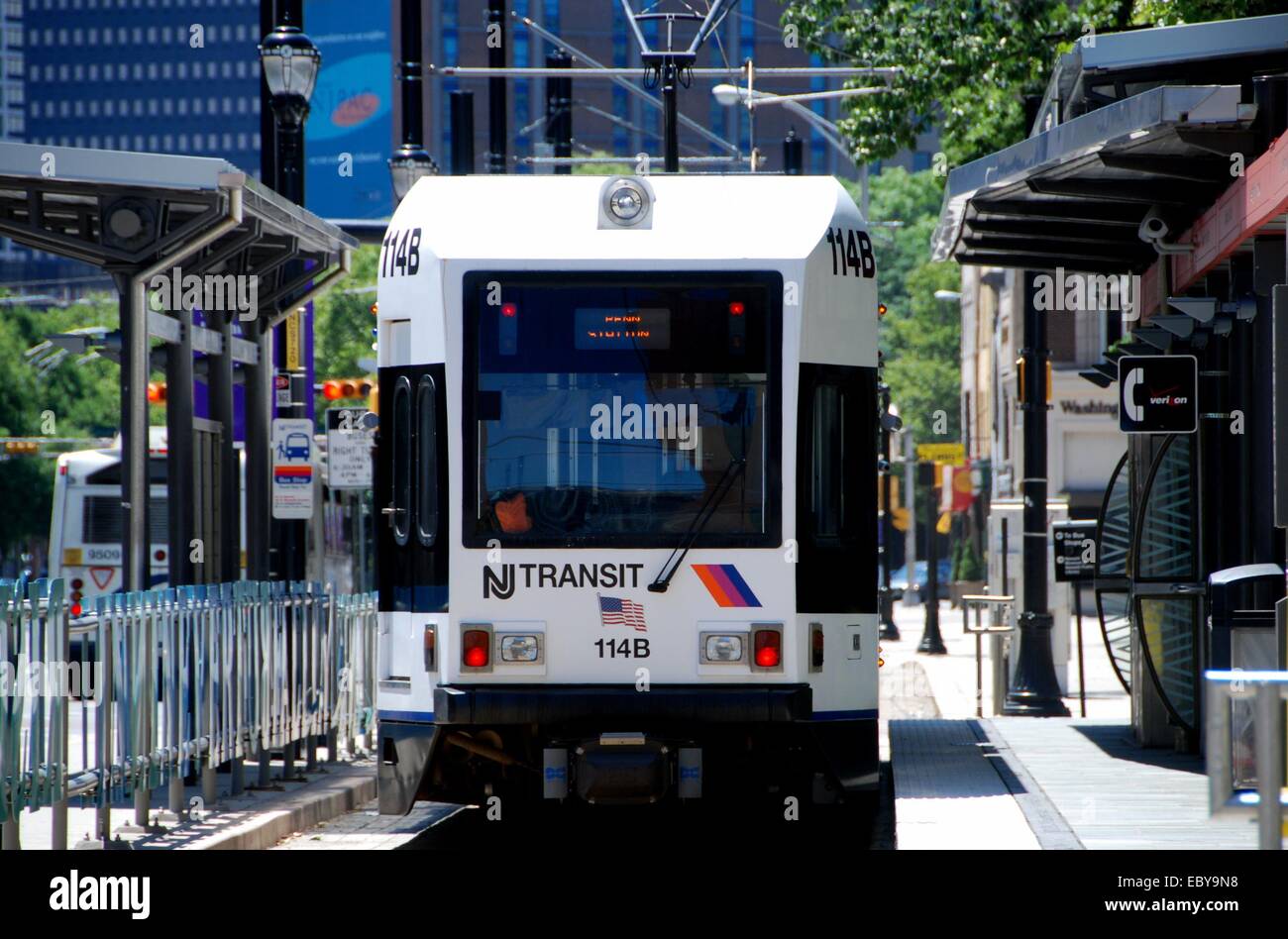 NEWARK, NEW JERSEY:  NJ Transit light rail car stopped at the Washington Park station Stock Photo