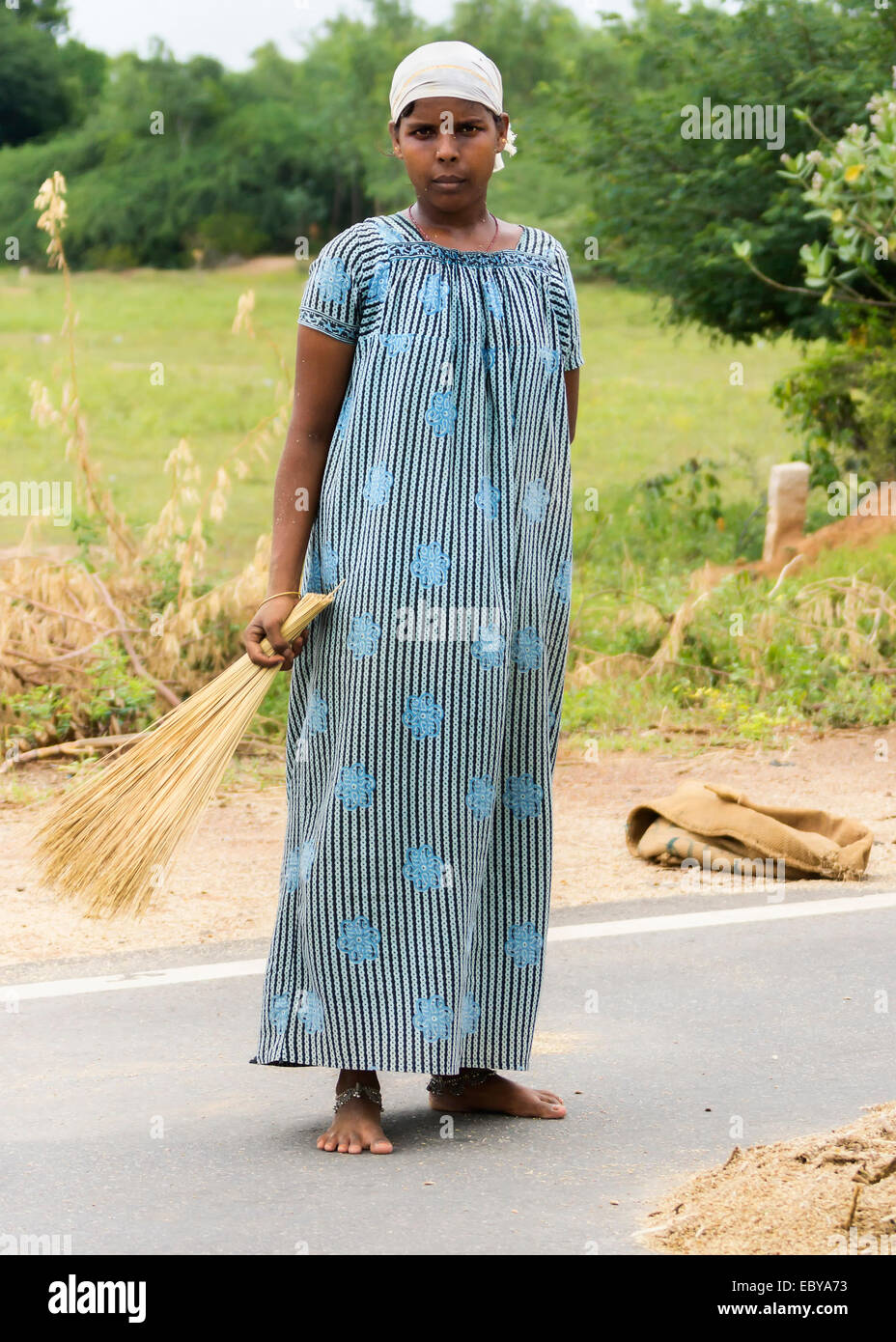 Young teen-aged girl in traditional dress helps with millet harvest. Stock Photo