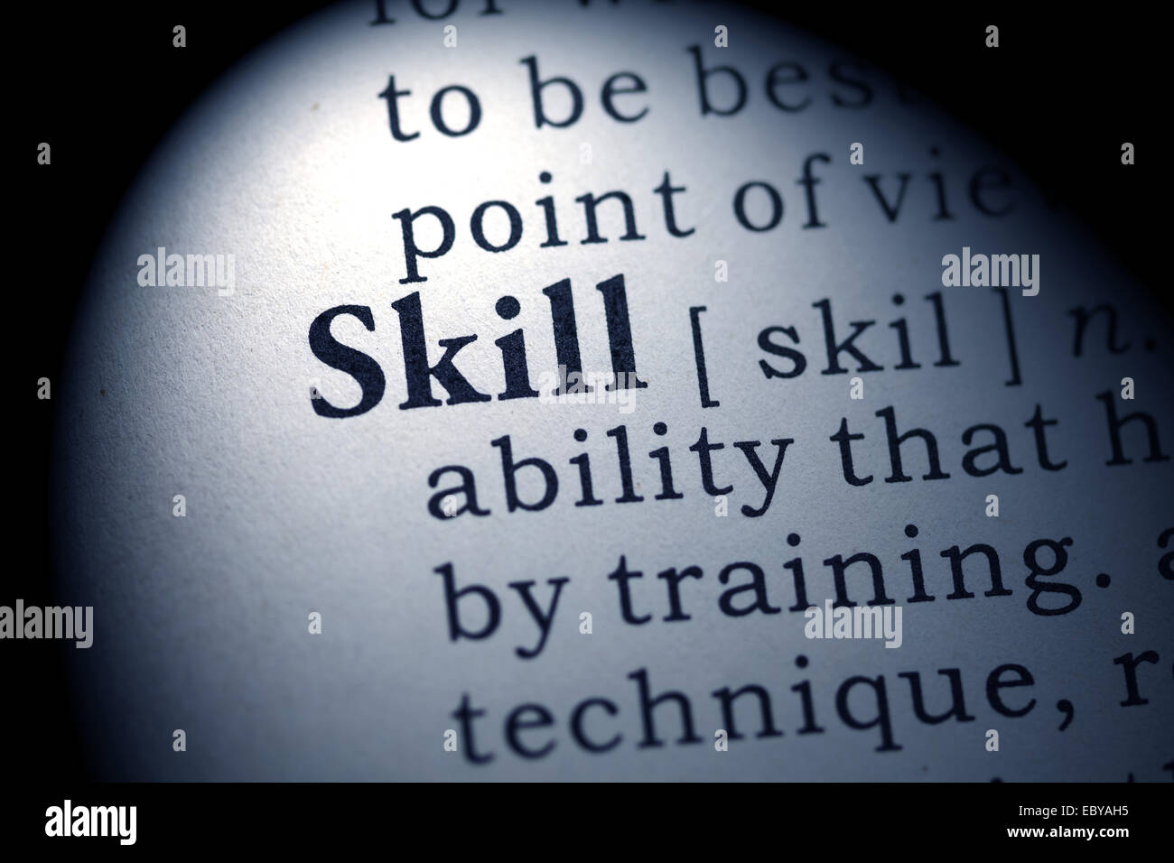 Fake Dictionary, Dictionary definition of the word skill. Stock Photo