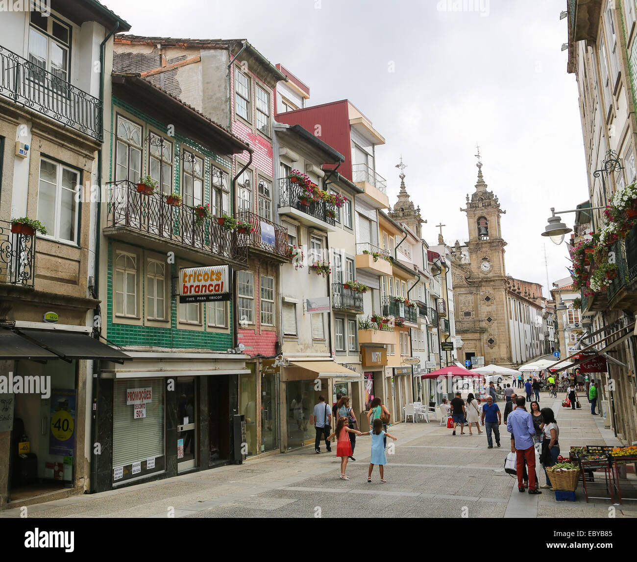 BRAGA, PORTUGAL - AUGUST 9, 2014: Typical street and architecture in the center of Braga, Portugal. Stock Photo