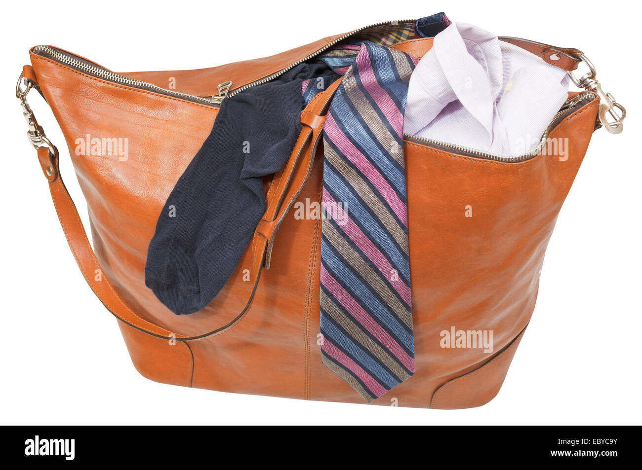 male leather handbag with shirt, tie, sock isolated on white background Stock Photo