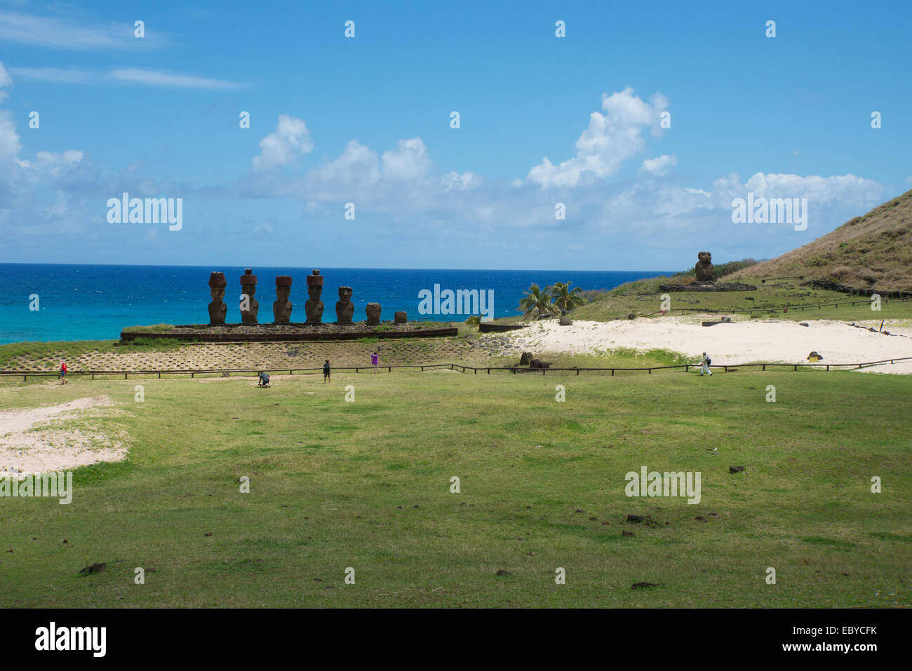 Easter Island aka Rapa Nui. Rapa Nui NP, Anakena & Ahu Nau Nau. Important historic altar with seven moai statues. Stock Photo