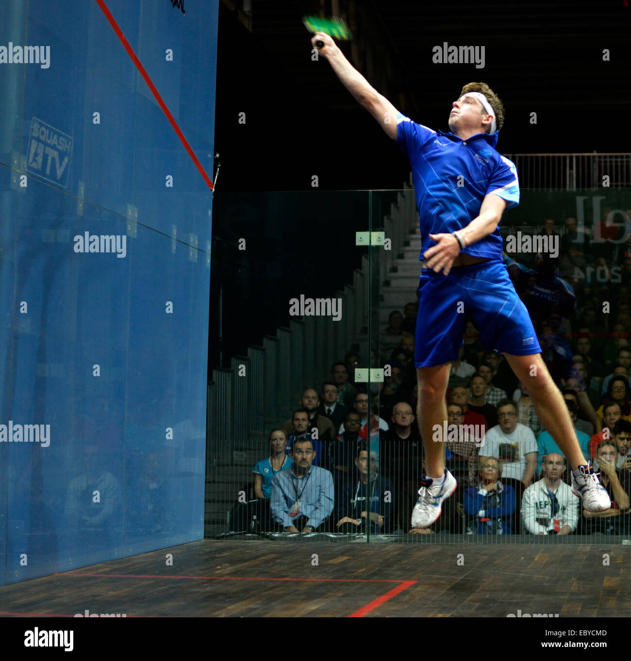 Manchester, UK. 5th December, 2014. Greg Lobban (Scotland) loses  to Nick Matthew (England), three times world champion in  his first round match of the A J Bell British Squash Grand Prix .  British Squash Grand Prix Sportcity,  Manchester, UK Credit:  John Fryer/Alamy Live News Stock Photo
