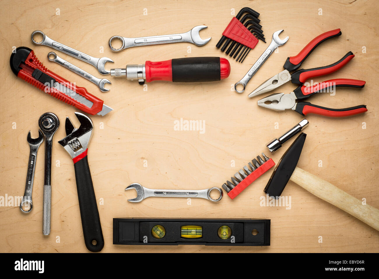 Set of tools on a wood panel Stock Photo Alamy