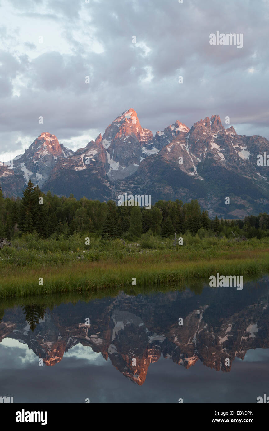 USA, Wyoming, Grand Teton National Park, water reflections of the Teton Range, taken from the end of Schwabacker Road Stock Photo