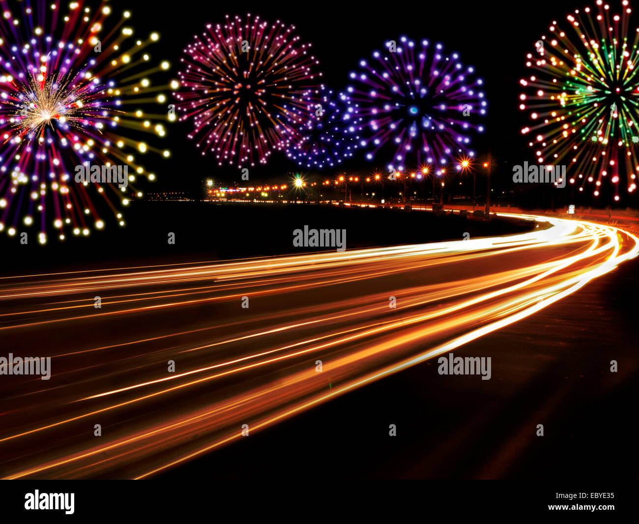Happy New Year fireworks and city cars highway lights with copy space