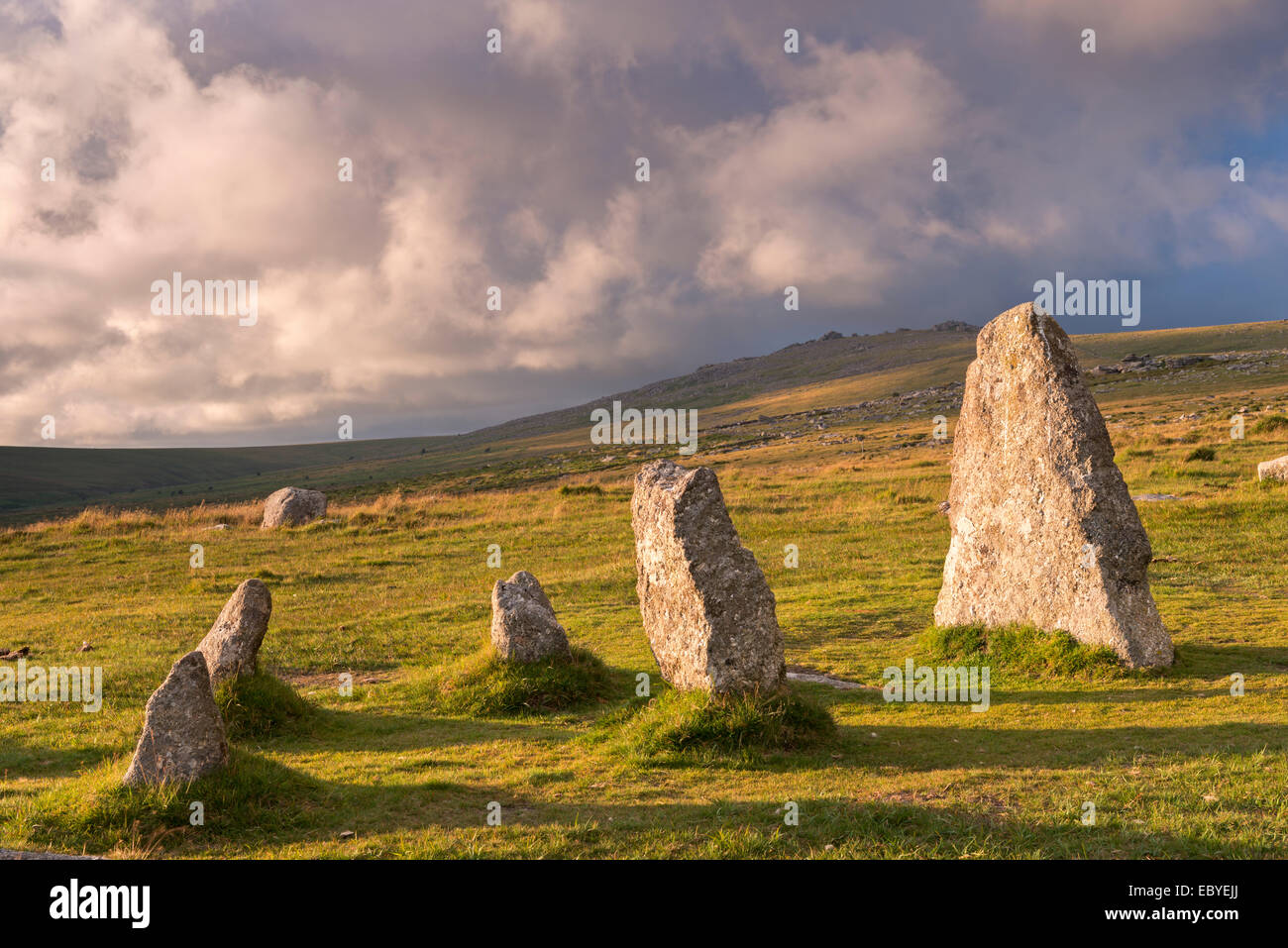Megalithic standing stones, part of Merrivale stone row, Dartmoor, Devon, England. Summer (July) 2014. Stock Photo