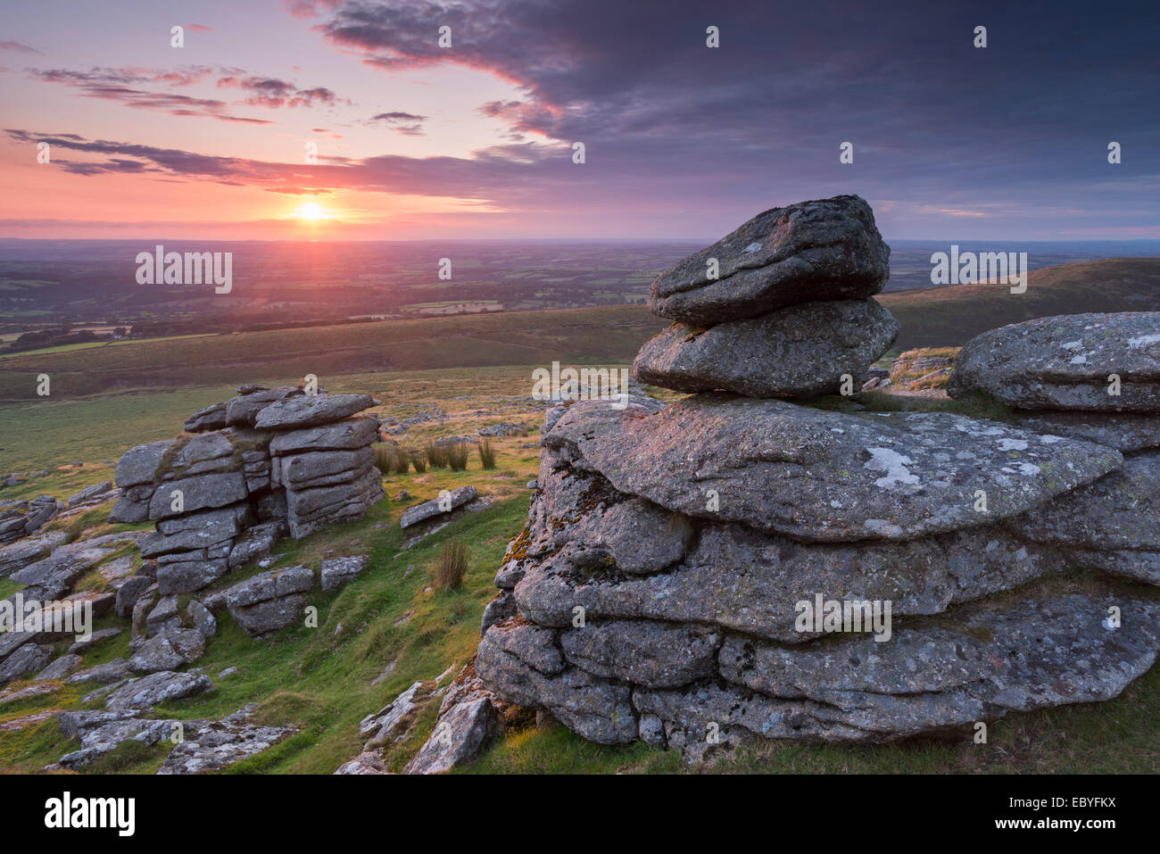 Beautiful sunset over Arms Tor, Dartmoor, Devon, England. Summer (August) 2014. Stock Photo