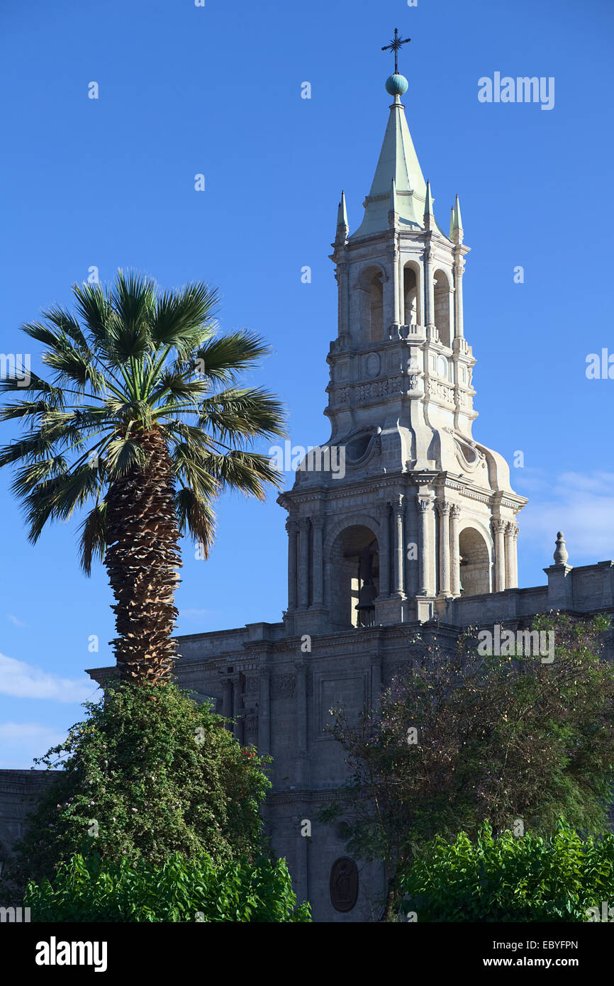 Plaza de Armas (main square) and the steeple of the Basilica Cathedral in Arequipa, Peru Stock Photo