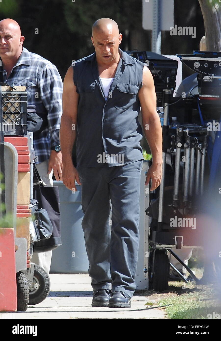 Actor Vin Diesel gives a thumbs up to onlookers on the set of 