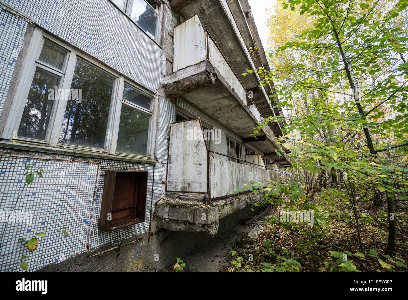 Preventive clinic 'Solnechny' (Sunny) in Pripyat abandoned city, Chernobyl Exclusion Zone, Ukraine Stock Photo