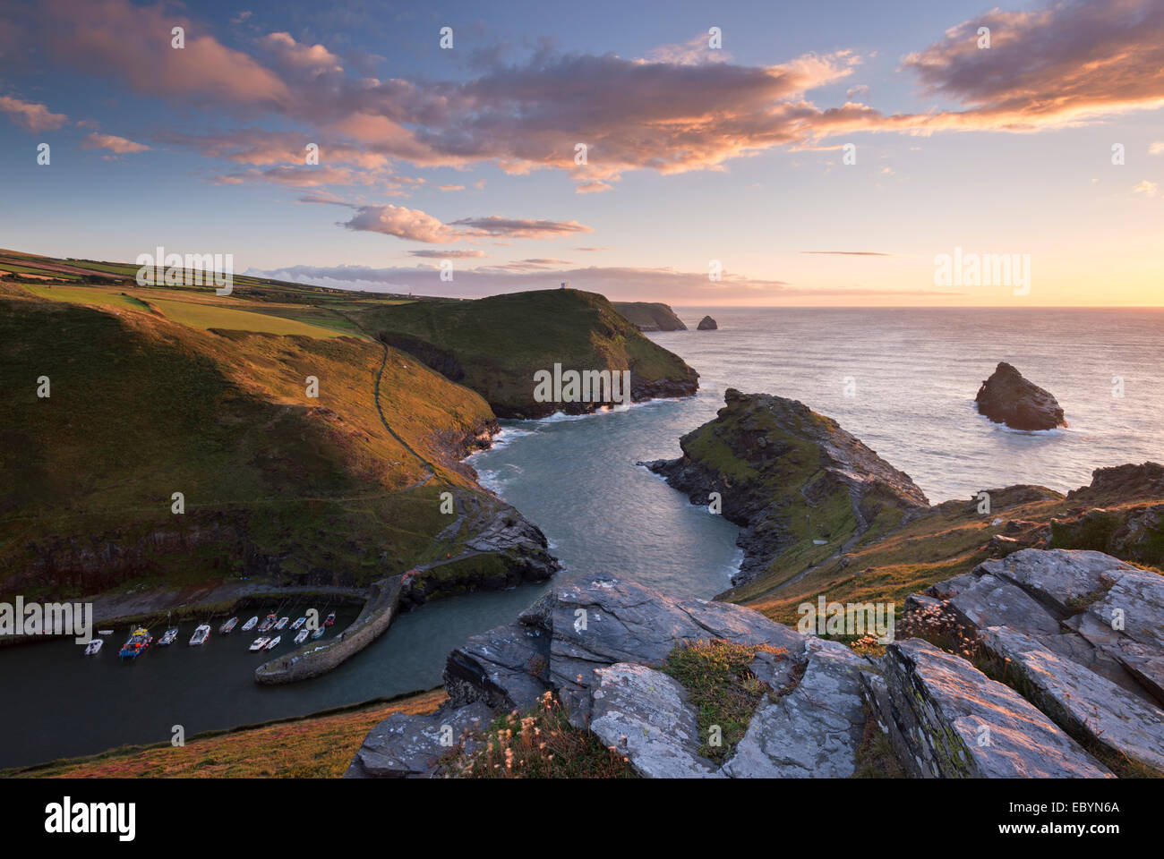Boscastle Harbour at sunset, Cornwall, England. Summer (August) 2014. Stock Photo