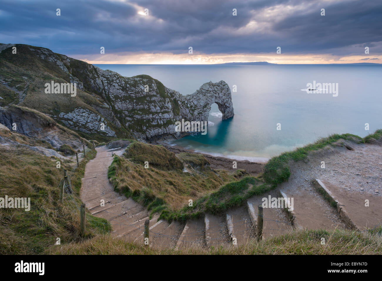 Winding coastpath steps leading down to Durdle Door on the Jurassic Coast, Dorset, England. Autumn (November) 2014. Stock Photo