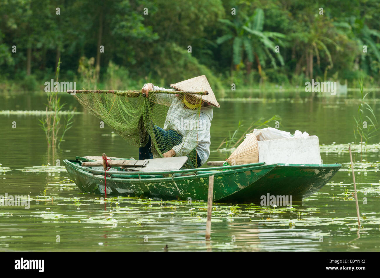 Fishing Boat Woman, RIver Boi, Tam Coc, Vietnam Stock Photo