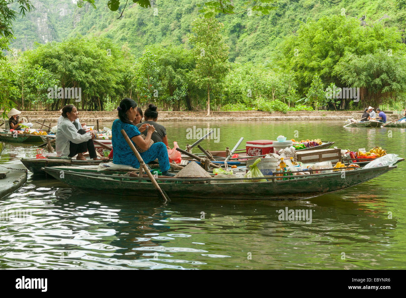 Boat Hawkers on River Boi, Tam Coc, Vietnam Stock Photo
