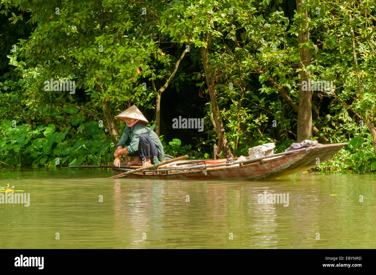 Boat Woman on River Boi, Tam Coc, Vietnam Stock Photo