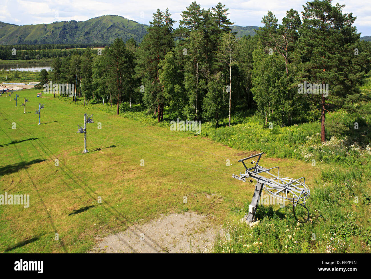 Ski lift in the Altai Mountains. Stock Photo