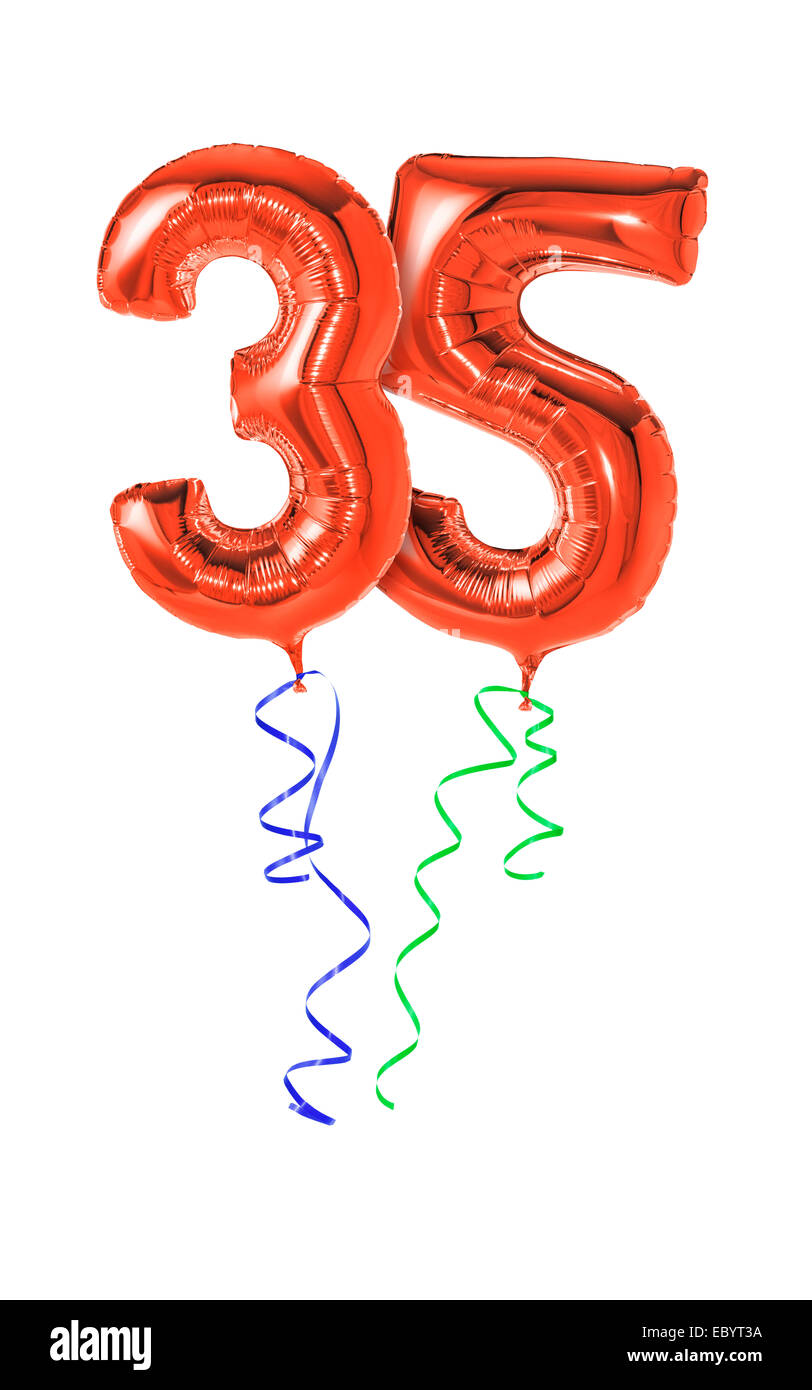 Red balloons with ribbon - Number 35 Stock Photo