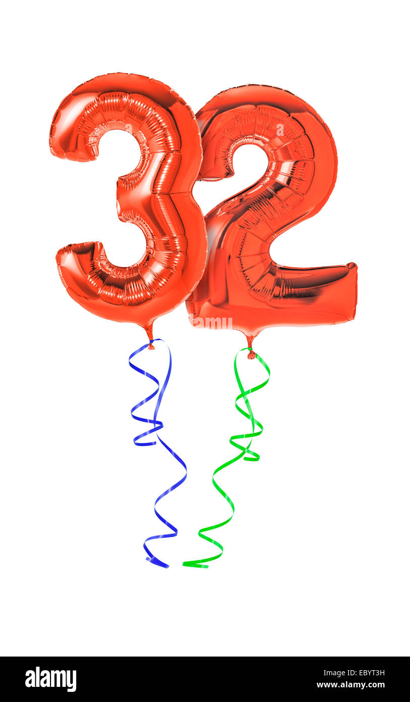 Red balloons with ribbon - Number 32 Stock Photo