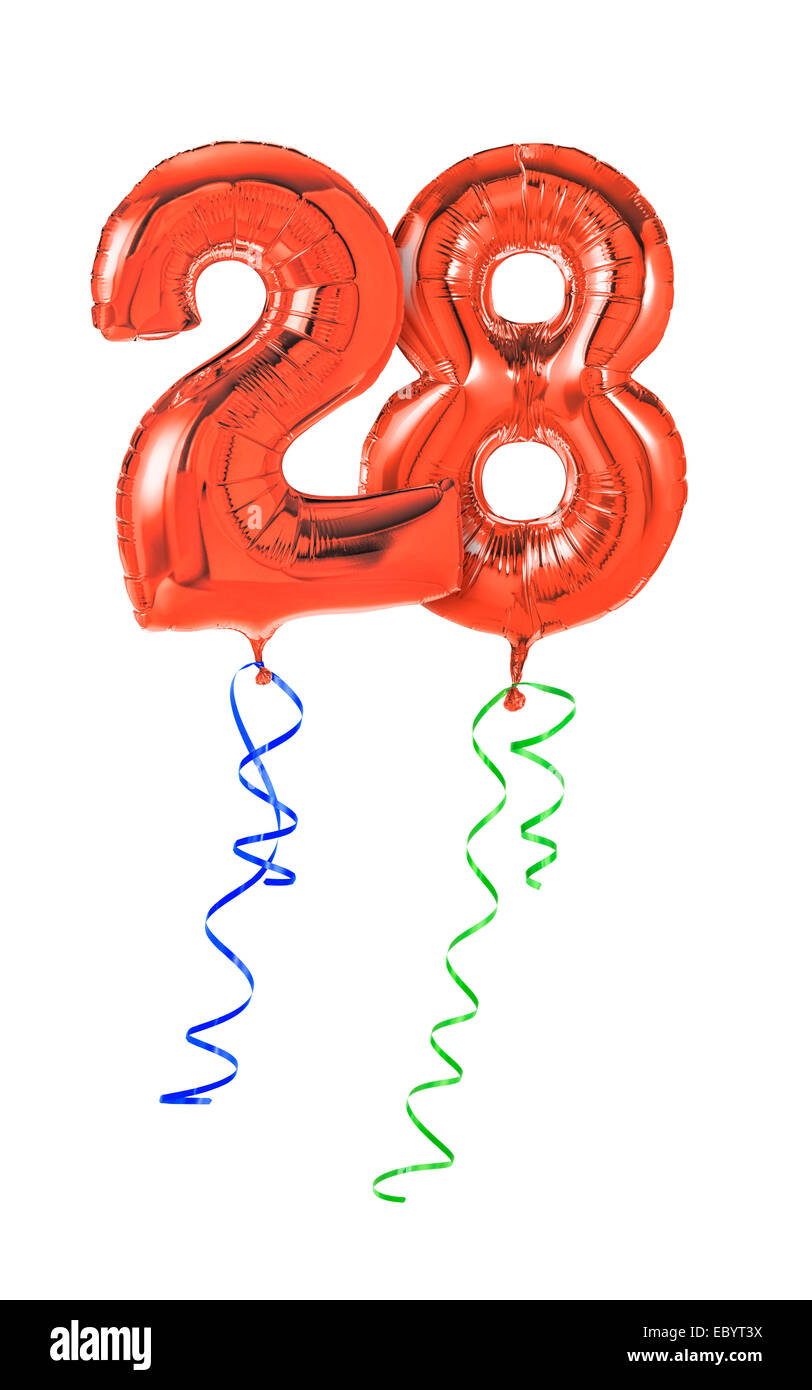 Red balloons with ribbon - Number 28 Stock Photo