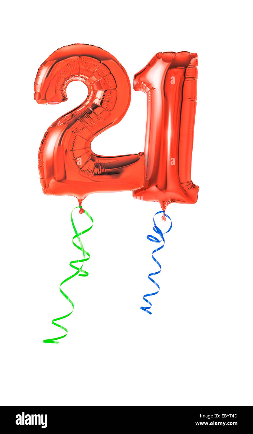 Red balloons with ribbon - Number 21 Stock Photo