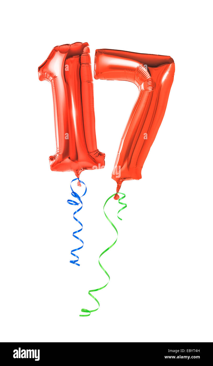 Red balloons with ribbon - Number 17 Stock Photo