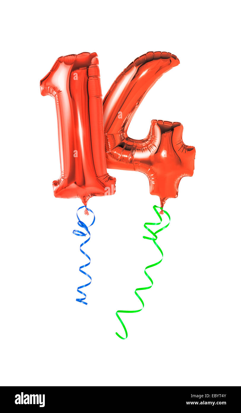 Red balloons with ribbon - Number 14 Stock Photo