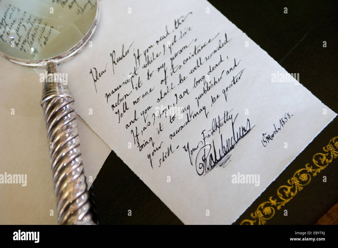 LONDON - APRIL  6th:  Charles Dicken's covering note on the newly discovered manuscript on the set of 'The Riddle', Stock Photo