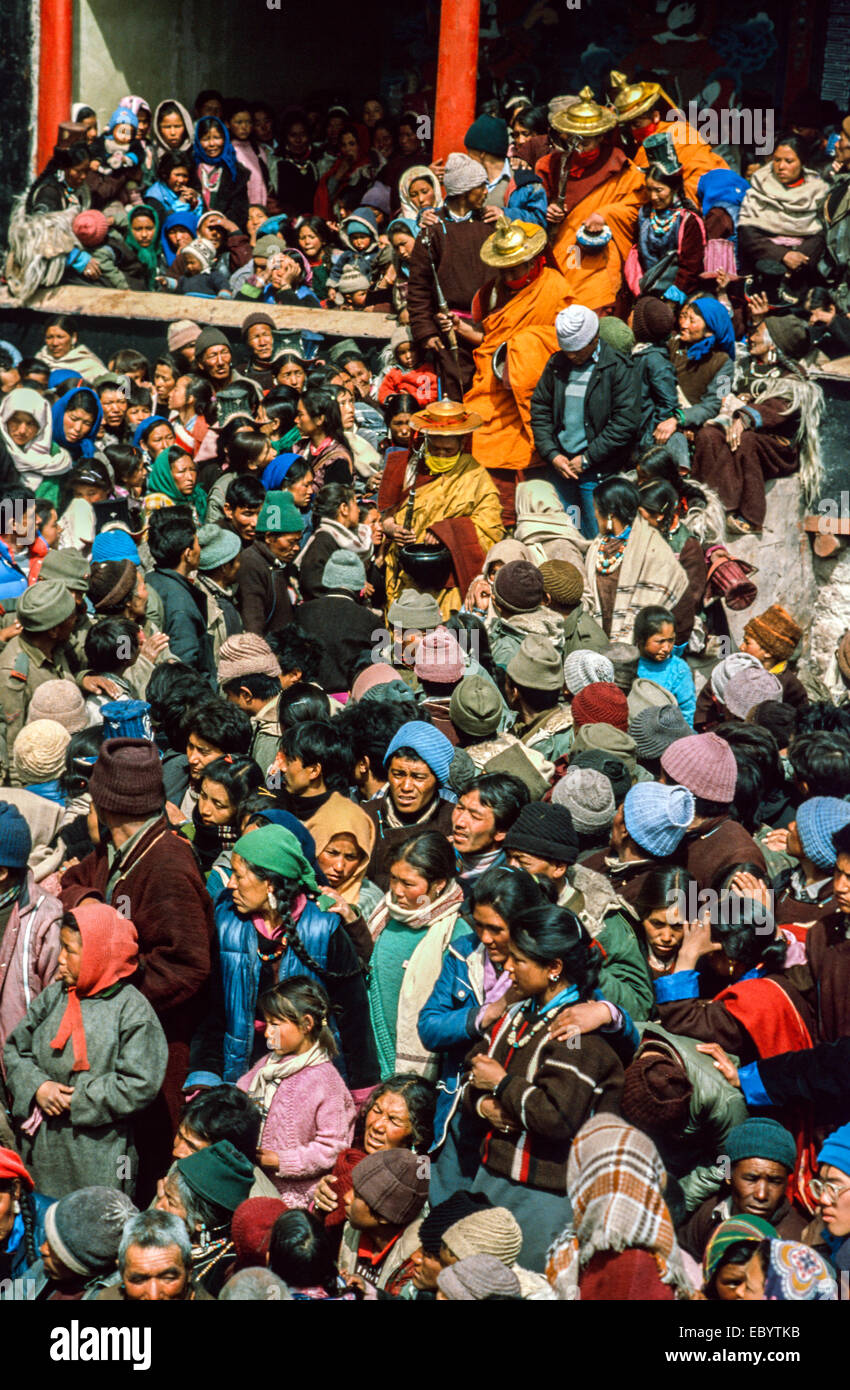 Ladakh. Matho monastery. Annual Cham dance ceremony. hundreds of people & monks pour into the monastery for the annual event Stock Photo