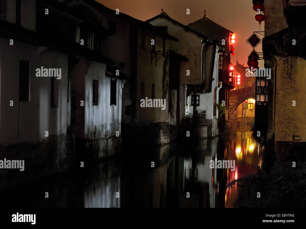 Night. Water channel in the fishing village Zhuzhuang. Stock Photo