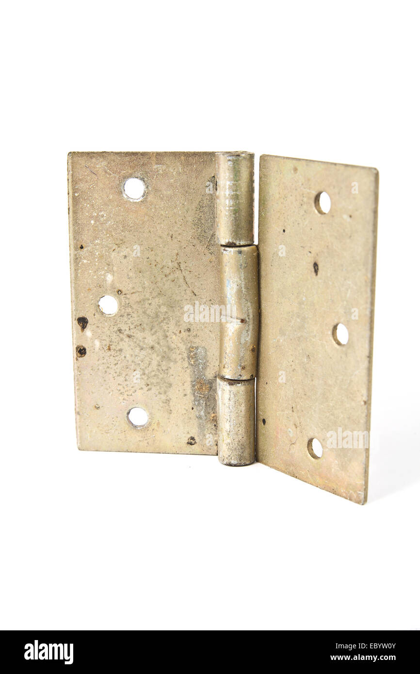 Wide brass hinge mounting wooden door on a white background Stock Photo