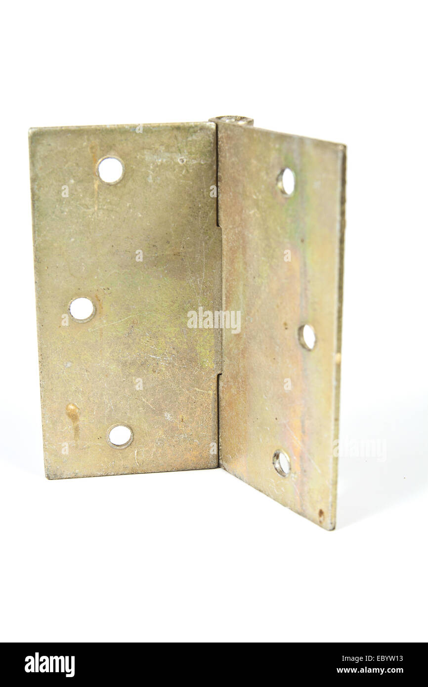 Wide brass hinge mounting wooden door on a white background Stock Photo