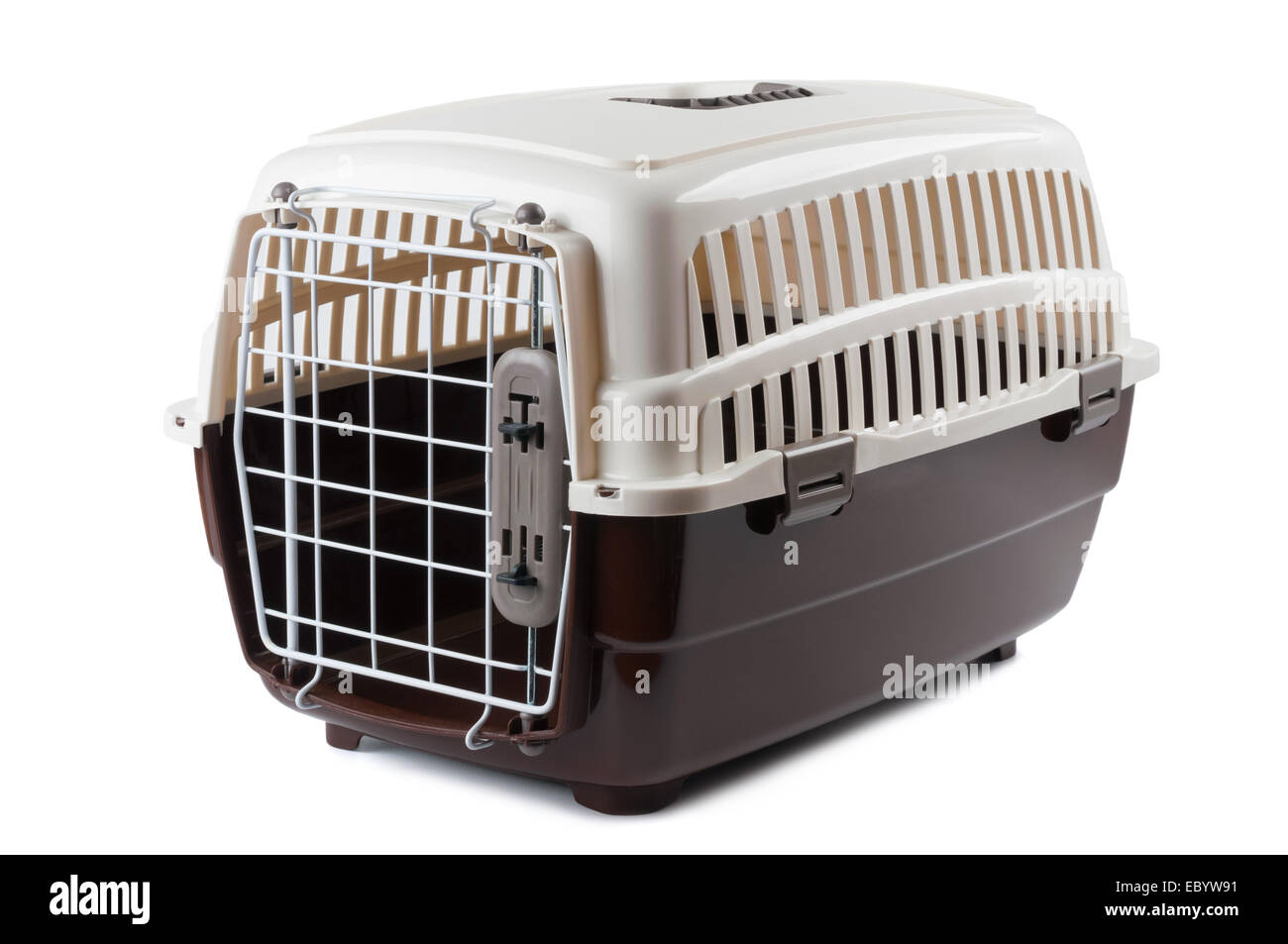 Pet travel plastic carrier isolated on white Stock Photo