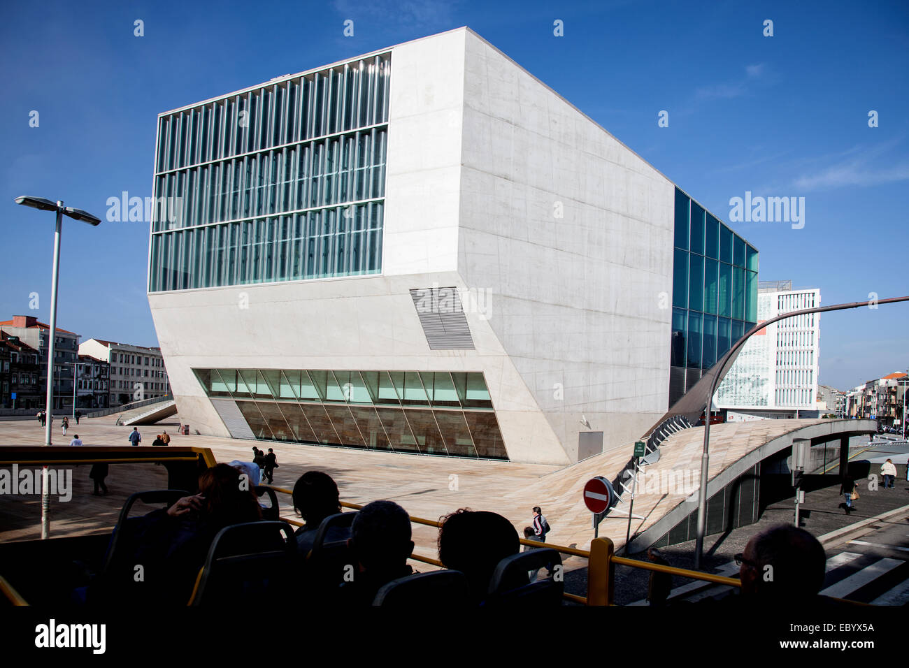 Music House, Casa Da Musica Oporto Portugal by dutch architect Rem Koolhaas viewed from a tourist bus. Stock Photo