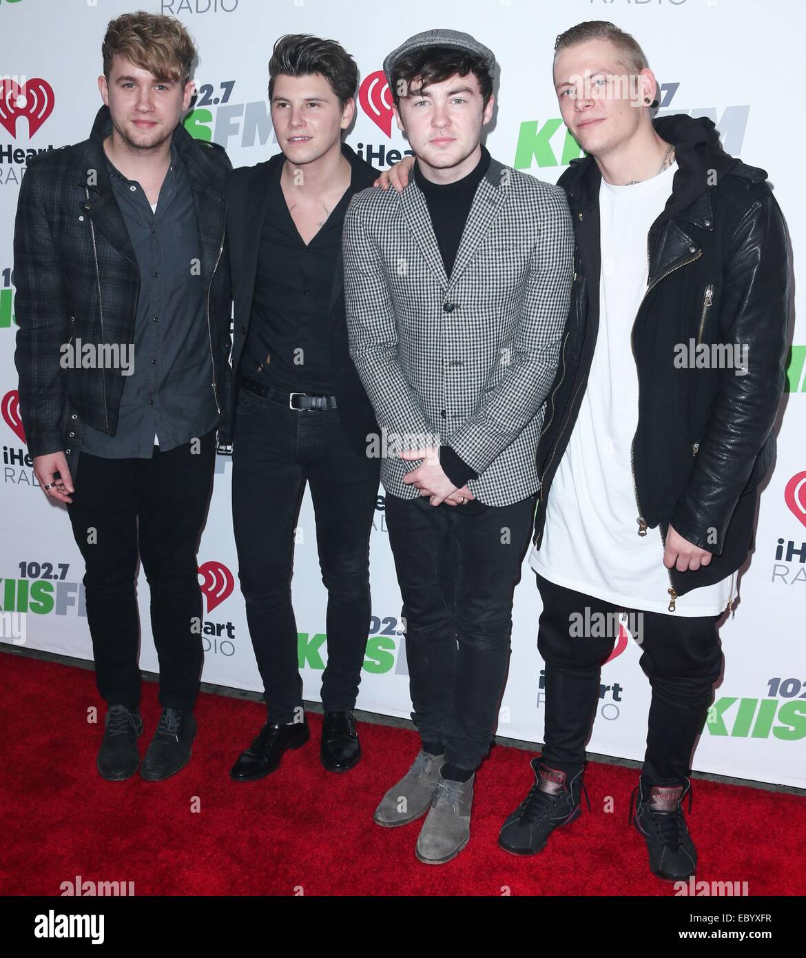 Danny Wilkin, Charley Bagnall, Jake Roche, and Lewi Morgan, Rixton in the press room for KIIS FM's Jingle Ball 2013 Powered by LINE – PRESS ROOM, Staples Center, Los Angeles, CA December 5, 2014. Photo By: Xavier Collin/Everett Collection Stock Photo