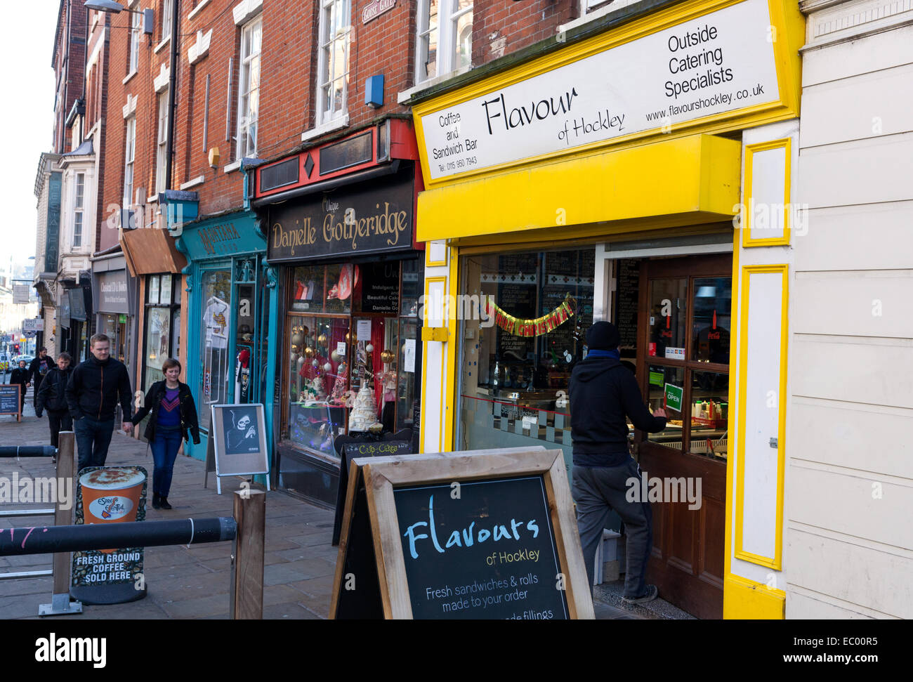 Nottingham, England, U.K. 6th December 2014  Independent shops on Hockley in Nottingham's Creative Quarter on the UK's second Small Business Saturday, an initiative aimed at encouraging shoppers to support local independent traders. It is reported that last year's Small Business Saturday generated approximately £468 million in the UK. Credit:  Mark Richardson/Alamy Live News Stock Photo